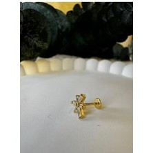 Stainles Steel Çelik Çiçek Piercing- Altın Kaplama Küpe- Zirkon Taşlı Zarif Piercing