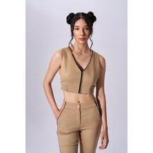 Kadın Baskılı Slim Fit Bej Büstiyer NAAR91309-CAMEL