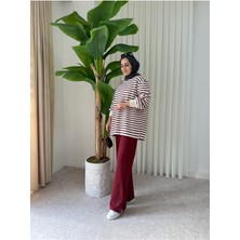 Aselim Hijap Moda Çizgili Sweat Balon Kol Ikili Takım Bordo