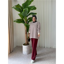 Aselim Hijap Moda Çizgili Sweat Balon Kol Ikili Takım Bordo