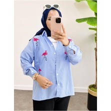 Aselim Hijap Moda Asel Fashion Çizgili Desen Poplin Filamingo Nakışlı Gömlek Mavi