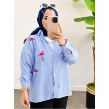Aselim Hijap Moda Asel Fashion Çizgili Desen Poplin Filamingo Nakışlı Gömlek Mavi