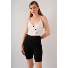 Kadın Beyaz Crop Yandan Düğme Detaylı  Askılı Çıkarılabilir Pedli Büstiyer Bluz