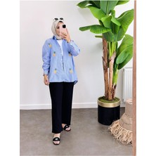 Asel Fashion Çizgili Desen Poplin Ananas Nakışlı Gömlek Mavi