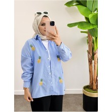 Asel Fashion Çizgili Desen Poplin Ananas Nakışlı Gömlek Mavi