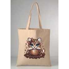 Leopar Kedicik Desenli Baskılı Ham Bez 35X40 Ekru Omuz Çantası