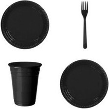 Siyah Plastik Bardak Çatal Tabak 25'li