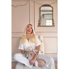 Pijama Evi Ekru Twilight Glow Desenli Bambu Önden Düğmeli Kısa Kol Pijama Takımı