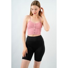 Kadın Fitilli Crop Atlet Askılı Düğme Detaylı Çıkarılabilir Pedli Büstiyer Bluz
