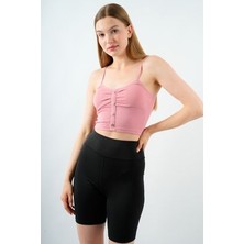 Kadın Fitilli Crop Atlet Askılı Düğme Detaylı Çıkarılabilir Pedli Büstiyer Bluz