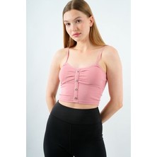Kadın Fitilli Crop Atlet Askılı Düğme Detaylı Çıkarılabilir Pedli Büstiyer Bluz