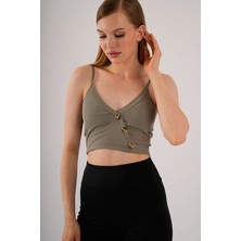 Kadın Yeşil  Crop Yandan Düğme Detaylı  Askılı Çıkarılabilir Pedli Büstiyer Bluz