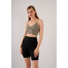 Kadın Yeşil  Crop Yandan Düğme Detaylı  Askılı Çıkarılabilir Pedli Büstiyer Bluz