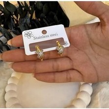Stainles Steel Modern Çelik Halka Küpe- Altın Kaplama Zarif ve Taşlı Halka Küpe