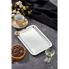 Belirtilmemiş Elegante Noir Serisi, Bella Flora Kulp Desenli Krom Sunum Söz Nişan Tepsisi, 22X16CM, Tek Adet