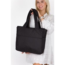 Fermuarlı Puf Şişme Büyük Boy Omuz ve Kol Siyah Renk Kadın Çanta Shopper Big Bag