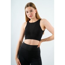 Kadın Fitilli Crop Atlet Önü Tül Detaylı Çıkarılabilir Pedli Büstiyer Bluz