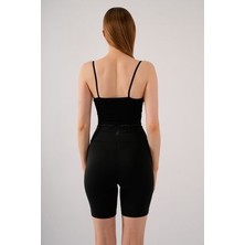 Kadın Siyah Crop Askılı Düğme Detaylı Dantelli Çıkarılabilir Pedli Büstiyer Bluz