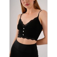 Kadın Siyah Crop Askılı Düğme Detaylı Dantelli Çıkarılabilir Pedli Büstiyer Bluz