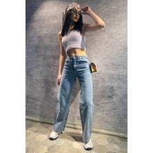 ByCukurovaFrango Zero Max Delpotro Likralı Kadın Mavi Orta Kar Süper Yüksek Bel Salaş Paça Denim Kot Salaş Pantolon