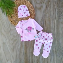 Kız Bebek %100 Pamuklu Pembe Kaneviçe Işlemeli 3'lü Bebek Takımı Hastane Çıkışı Yenidoğan  BBK258
