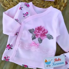 Kız Bebek %100 Pamuklu Pembe Kaneviçe Işlemeli 3'lü Bebek Takımı Hastane Çıkışı Yenidoğan  BBK258