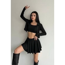 Askılı Crop,hırka ve Şortlu Etek Üçlü Takım