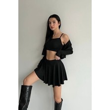 Askılı Crop,hırka ve Şortlu Etek Üçlü Takım
