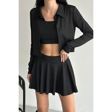 Askılı Crop,hırka ve Şortlu Etek Üçlü Takım