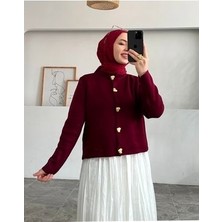 Bordo Kalp Düğme Triko Hırka
