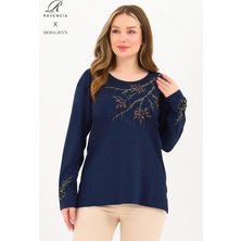 Kadın Orta Yaş ve Üzeri Viskon Renkli Yaprak Desenli Taşlı Işlemeli Likralı Lacivert Anne Penye Bluz