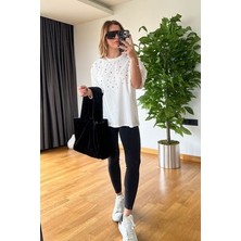 Yeni Sezon Önü Taşlı Şık Oversize Bisiklet Yaka Pamuklu Trend Kaliteli Krem T-Shirt Rahat Kesim