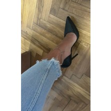 Trendy Anka Kadın Siyah 8cm Ince Şeffaf Kapak Topuklu Kroko Timsah Yılan Desenli Stiletto Abiye Ayakkabı