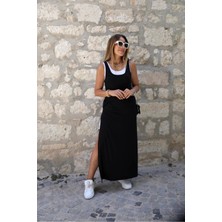 Qimya Butik Kadın Iki Parçalı Içi Mini Boy Atlet Üstü Ince Askılı Derin Yırtmaçlı Elbise
