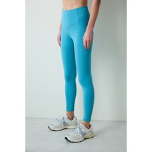 Turkuaz Mavi Yüksek Bel Stitch Waist Dikiş Detaylı Bilek Boy Tayt