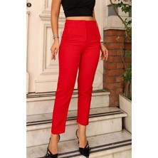 Yüksek Bel Pensli Bilek Boy Toparlayıcı %70 Pamuk % 30 Polyester Likralı Kırmızı Pantolon