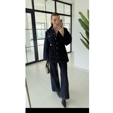 Sinem Kıvanç Co Marka Model Kadın Belden Bağlamalı Denim Takım Uzun Düz Desenli Şık Tasarım
