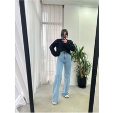 ByCukurovaFrango Benjamin Neo Kadın Yüksek Bel Likralı Esnek Jeans Mavi Palazzo Kot Pantolon