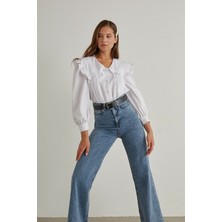 ByCukurovaFrango Ika 90's Koyu Mavi Kar Yüksek Bel Palazzo Wide Leg Jean Kadın Likra Toparlayıcı Kot