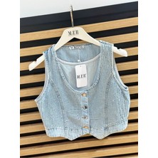 Qimya Butik Mzr Collection Önü Tamamen Zımbalı Kısa Kot Yelek