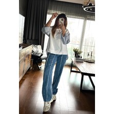 Qimya Butik Bebe Plus Kadın Kontrast Renkli Jean Pantolon Mavi