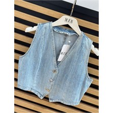 Qimya Butik Mzr Collection Sıra Taş Işlemeli Kot Yelek