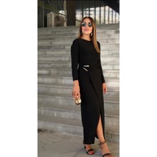 Qimya Butik Kadın Sandy Kumaş Tokalı Uzun Kol Maxi Boy Elbise