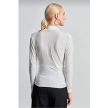 Qimya Butik Miss Neşem Kadın Vatkalı Likralı Kruvaze Uzun Kollu Sanndy Bluz