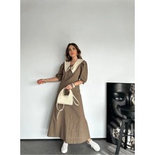 Qimya Butik Qimene Kadın Keten Bebe Yakalı Balon Kollu Uzun Elbise