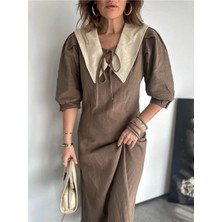 Qimya Butik Qimene Kadın Keten Bebe Yakalı Balon Kollu Uzun Elbise