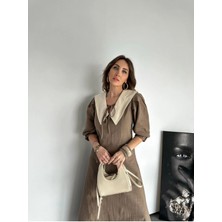 Qimya Butik Qimene Kadın Keten Bebe Yakalı Balon Kollu Uzun Elbise