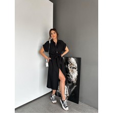 Qimya Butik Egzotik Asortik Kadın Kısa Kollu Beli Lastikli Full Düğmeli Gömlek Elbise