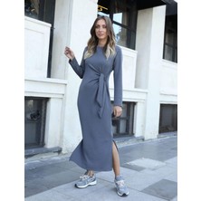 Qimya Butik Kadın Bağlama Detaylı  Yanları Yırtmaçlı Maxi Boy Elbise