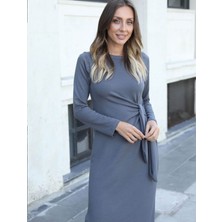 Qimya Butik Kadın Bağlama Detaylı  Yanları Yırtmaçlı Maxi Boy Elbise